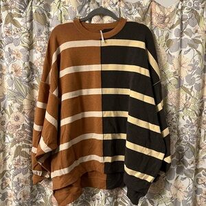 Free People Brown and Black Striped Crew Neck Sweater